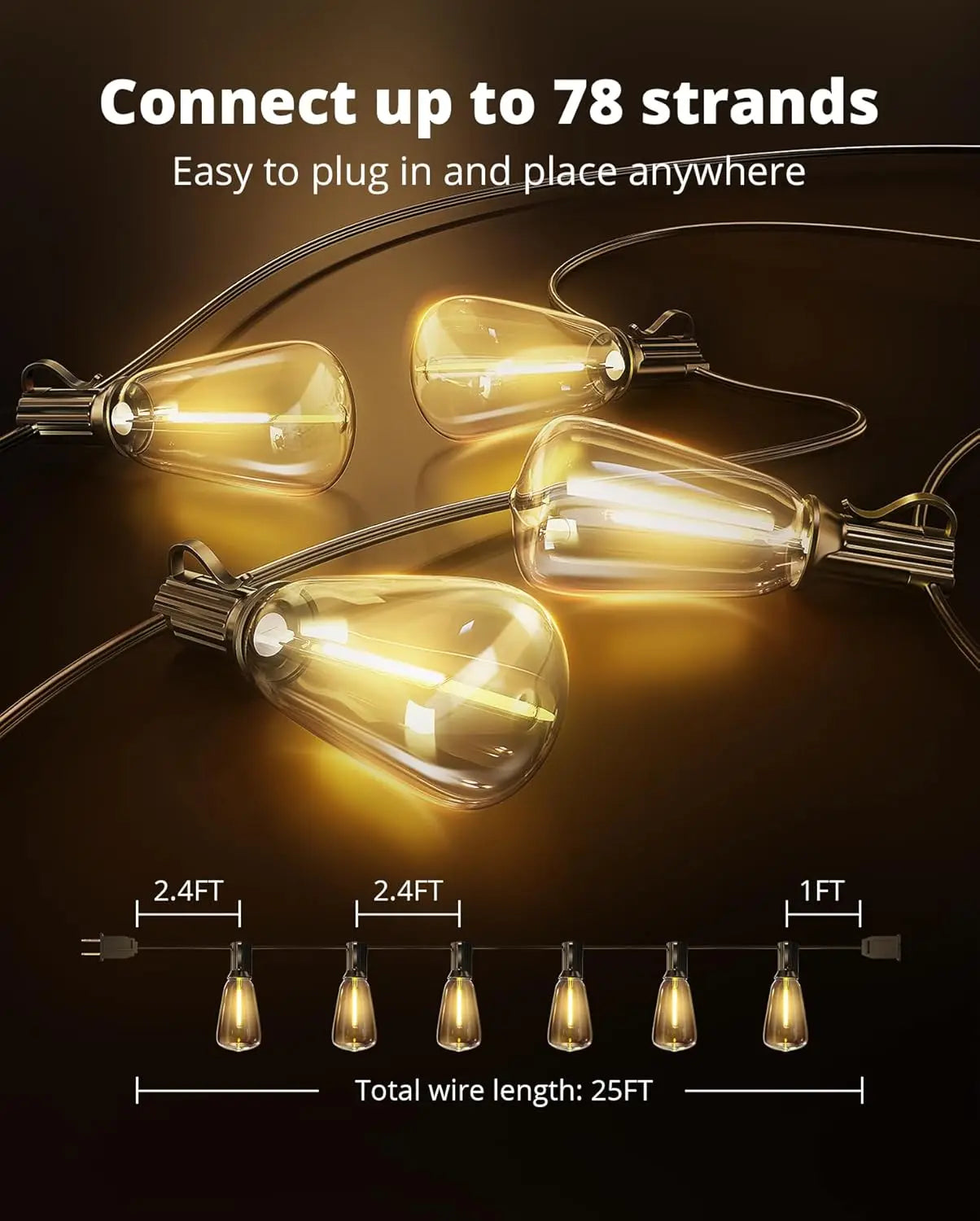 Outdoor String Lights 25FT LED Patio Lights  Waterproof with Shatterproof Edison Bulbs,