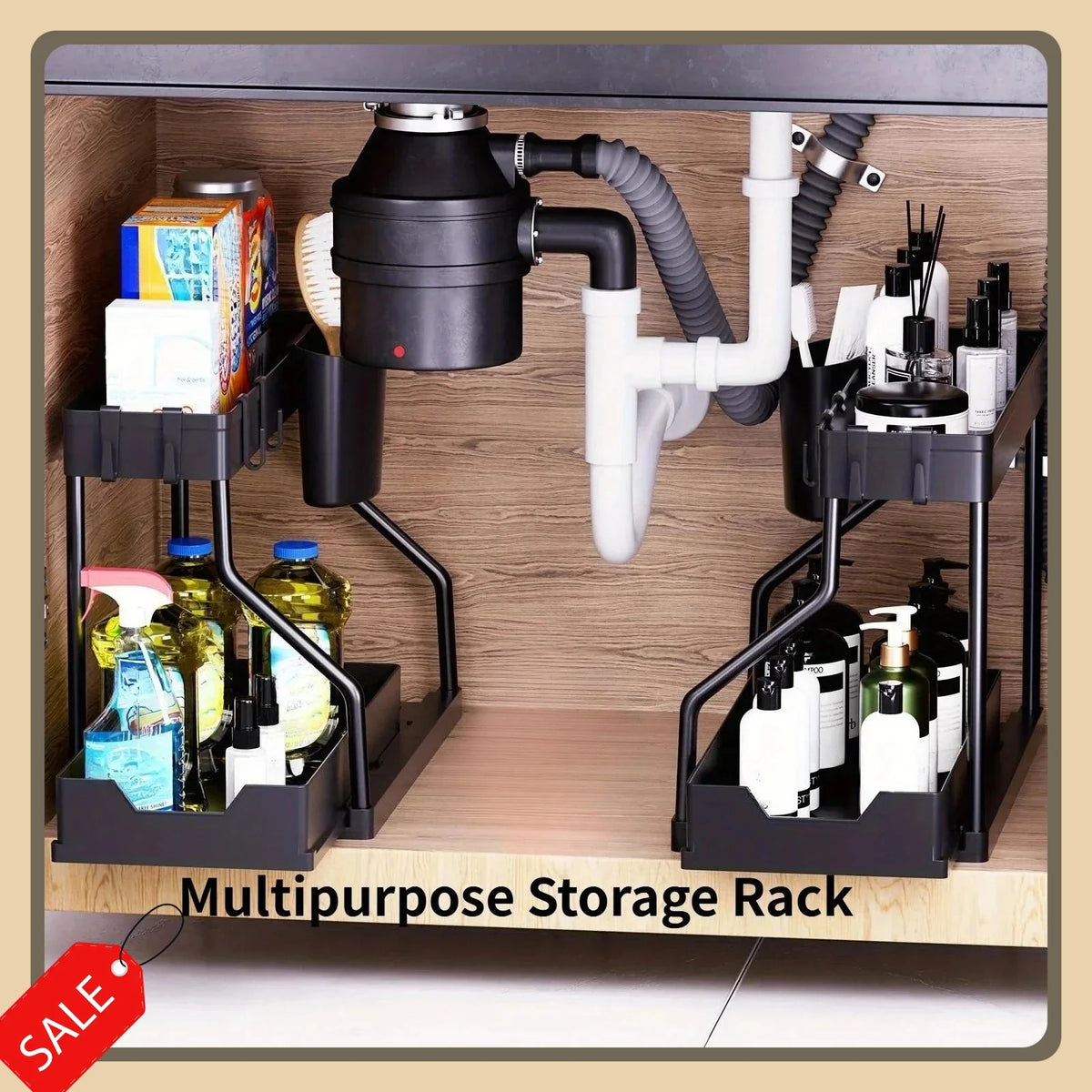 Bathroom & Kitchen Multi-Layer Pull-Out Storage Rack - Clutter Organizer for Sink Area