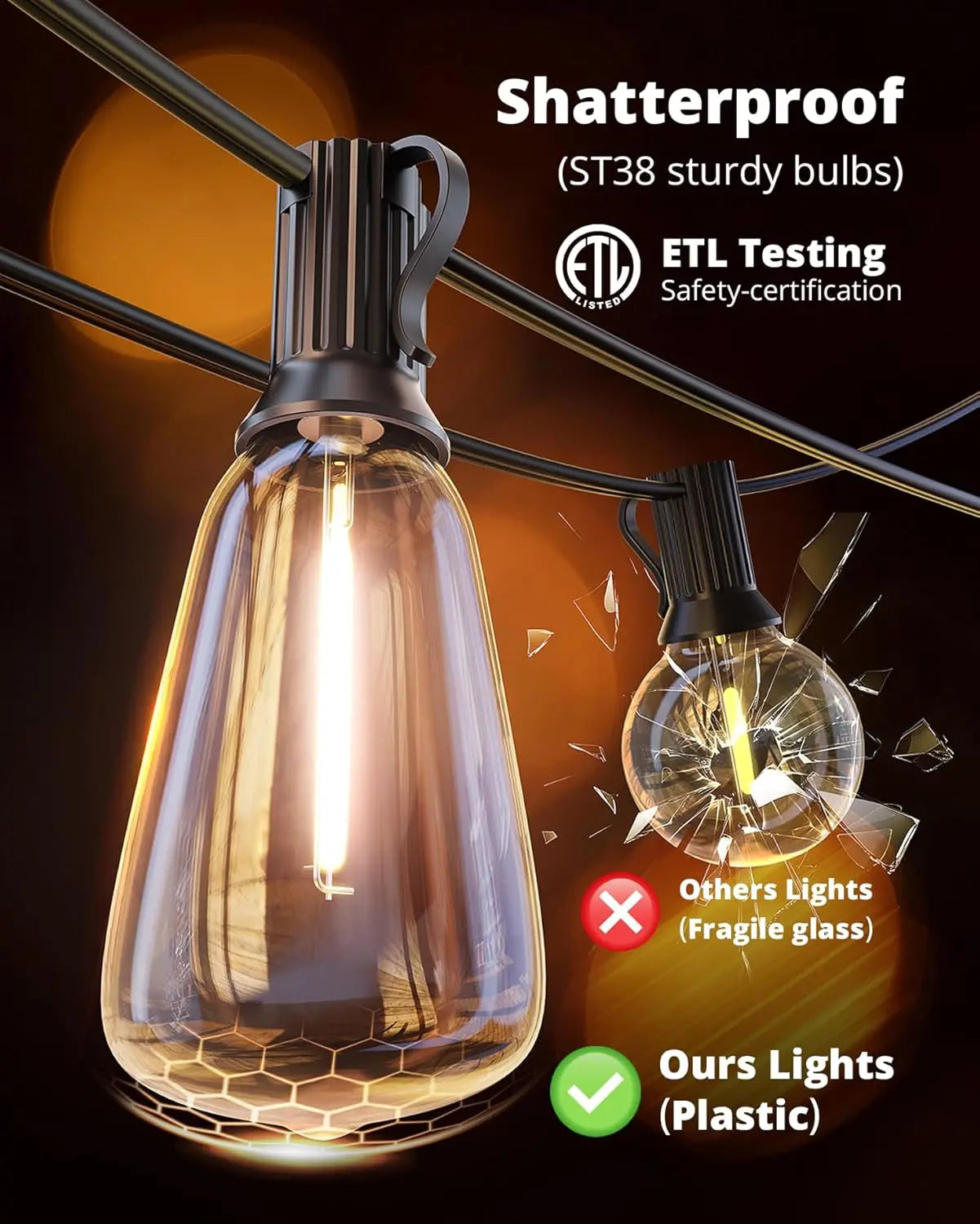 Outdoor String Lights 25FT LED Patio Lights  Waterproof with Shatterproof Edison Bulbs,