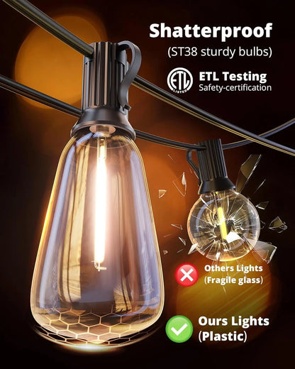 Outdoor String Lights 25FT LED Patio Lights  Waterproof with Shatterproof Edison Bulbs,