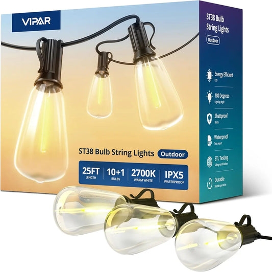 Outdoor String Lights 25FT LED Patio Lights  Waterproof with Shatterproof Edison Bulbs,