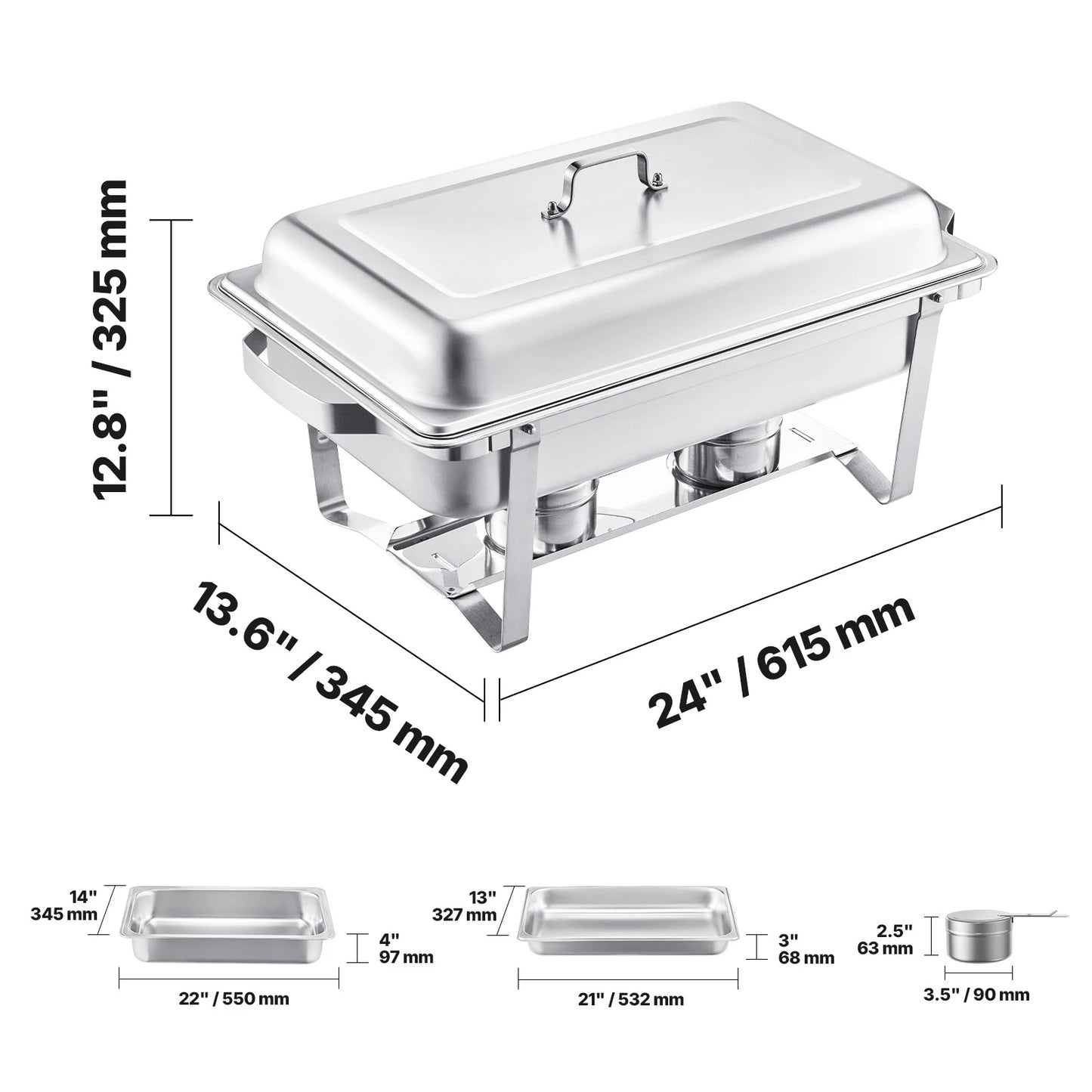8 Qt  Set Stainless Steel Chafer with 2 Full Size and 4 Half Size Pans Catering Warmer Server