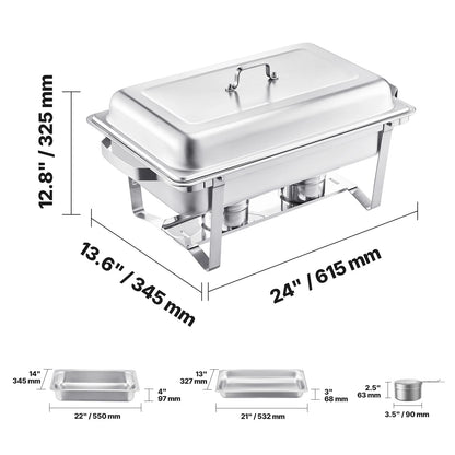 8 Qt  Set Stainless Steel Chafer with 2 Full Size and 4 Half Size Pans Catering Warmer Server
