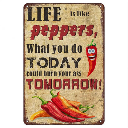 1n,Life Is Like Peppers Metal Tin Sign,  - Funny Vintage Signs Wall Art Decor For Kitchens And Homes, Gift For Chili Lovers, Dur