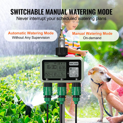 Water Timer 3 Outlets w/ 3 Independent Watering Zone & Rain Delay Mode  Watering Sprinkler Timer
