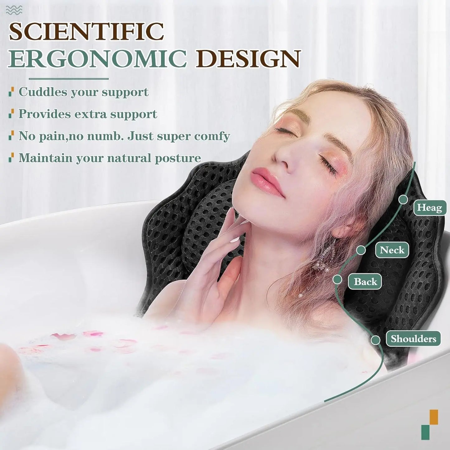 Ergonomic Bath Pillow with Head and Back Support,