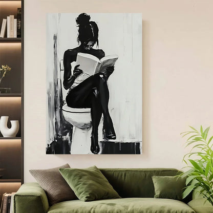 Framed 1pc Modern Abstract Woman Painting - Black And White Bathroom Scene,