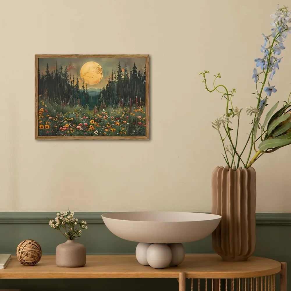 Vintage Moon Forest Wall Art, 24x36 Wood Framed,