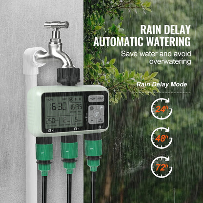Water Timer 3 Outlets w/ 3 Independent Watering Zone & Rain Delay Mode  Watering Sprinkler Timer