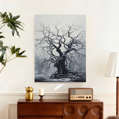 Framed Minimalist Wall Art Print - Black & White Gnarled Tree Design