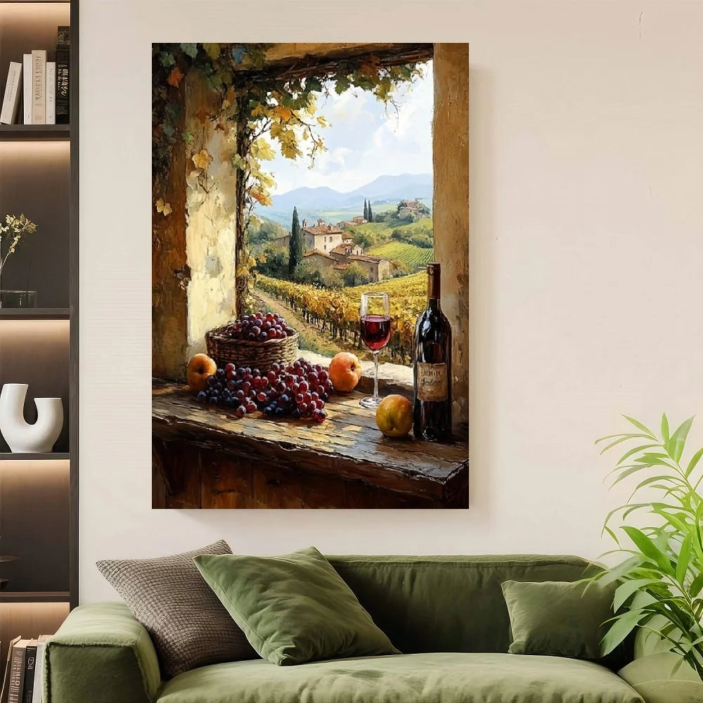 Framed - Rustic Italian Countryside Painting with Wine And Fruit St