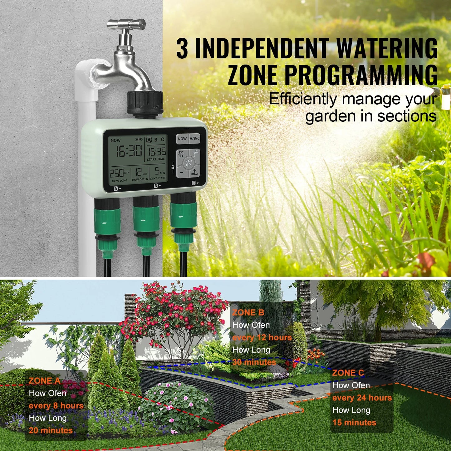 Water Timer 3 Outlets w/ 3 Independent Watering Zone & Rain Delay Mode  Watering Sprinkler Timer