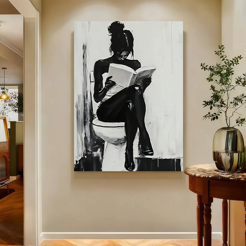 Framed 1pc Modern Abstract Woman Painting - Black And White Bathroom Scene,