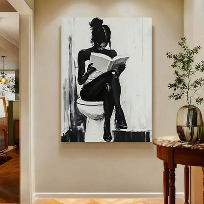 Framed 1pc Modern Abstract Woman Painting - Black And White Bathroom Scene,