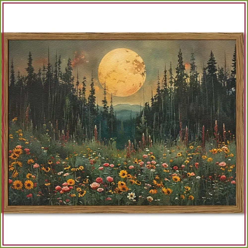 Vintage Moon Forest Wall Art, 24x36 Wood Framed,