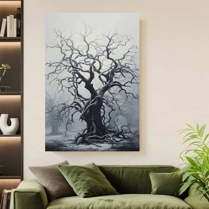 Framed Minimalist Wall Art Print - Black & White Gnarled Tree Design