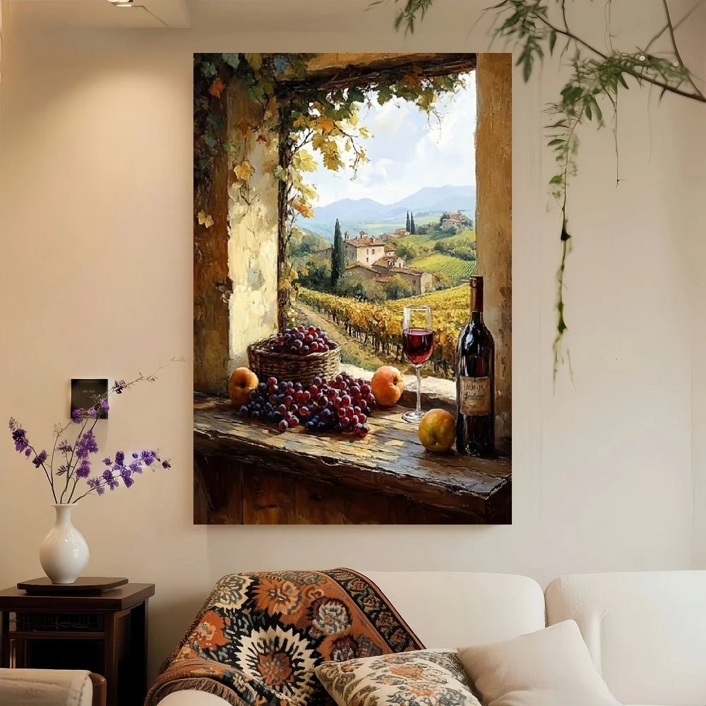 Framed - Rustic Italian Countryside Painting with Wine And Fruit St