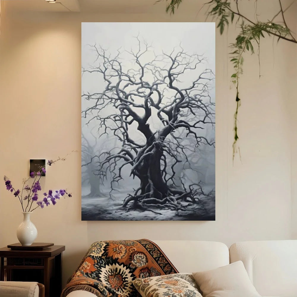 Framed Minimalist Wall Art Print - Black & White Gnarled Tree Design