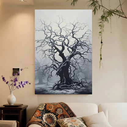 Framed Minimalist Wall Art Print - Black & White Gnarled Tree Design