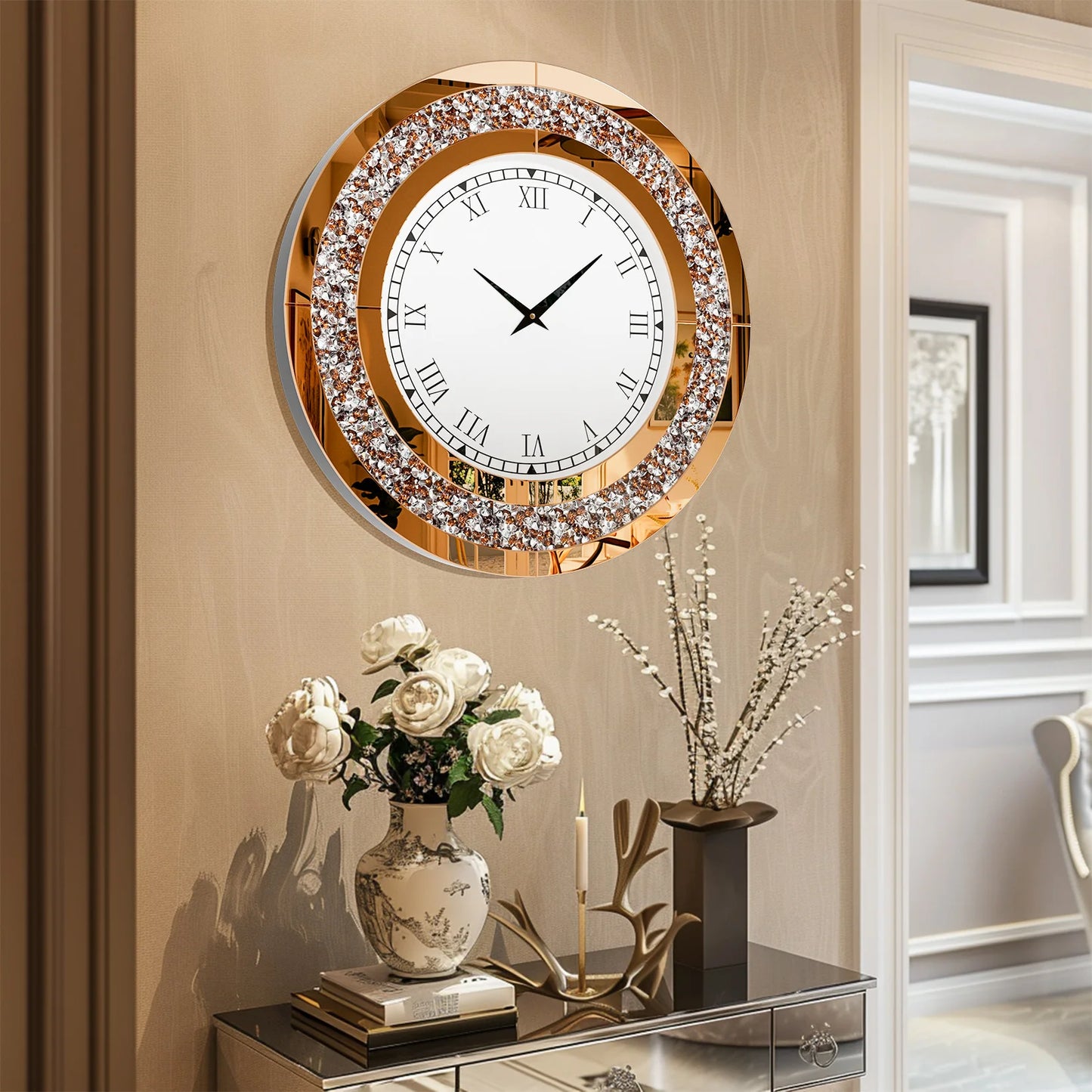 24inch Crystal  Large Mirrored Wall Clock for Living Room