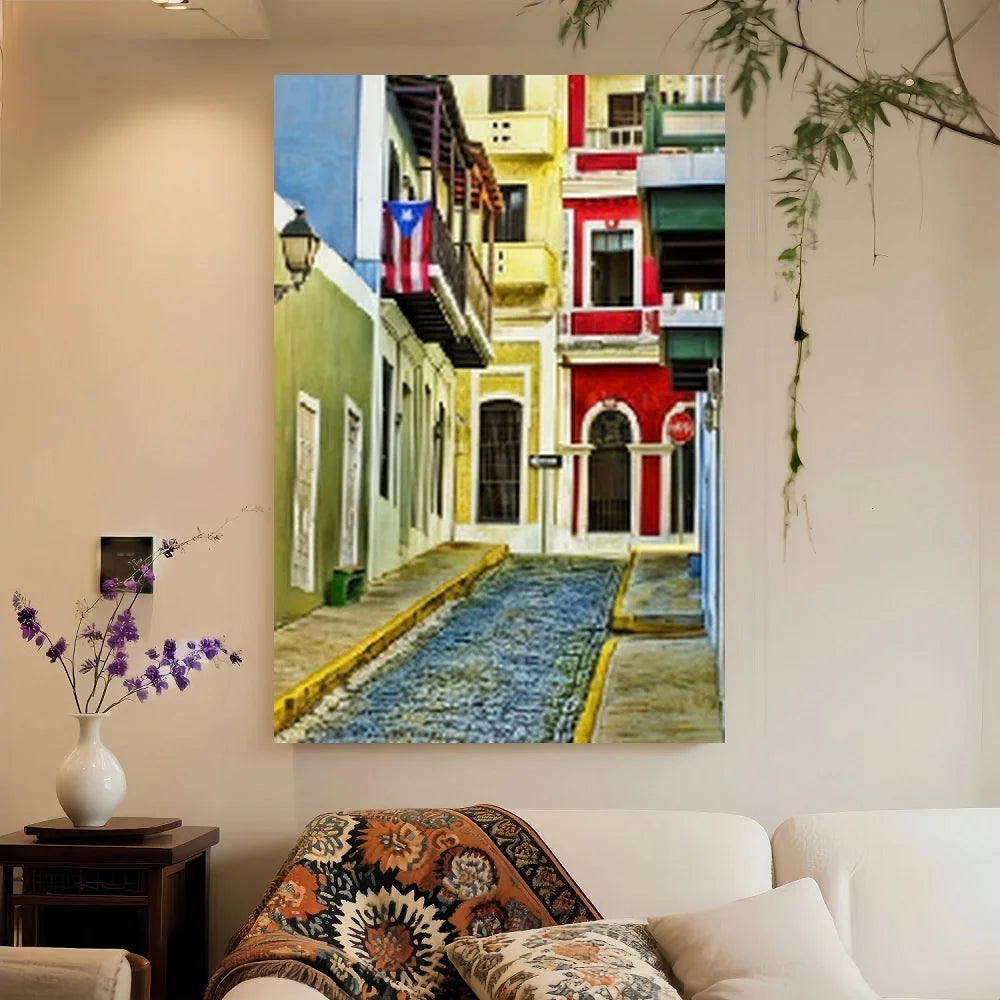 1pc Vibrant Old San Juan Puerto Rico Street View Canvas Wall Art - Print, ,