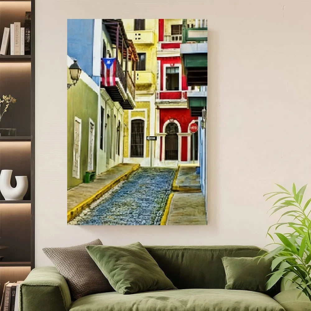1pc Vibrant Old San Juan Puerto Rico Street View Canvas Wall Art - Print, ,