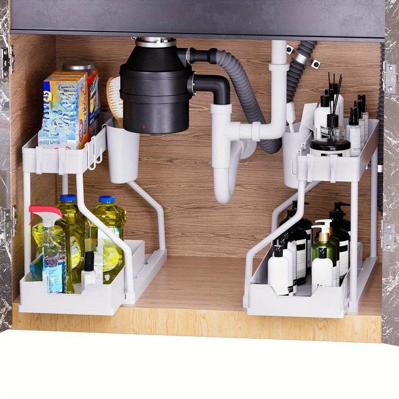 Bathroom & Kitchen Multi-Layer Pull-Out Storage Rack - Clutter Organizer for Sink Area