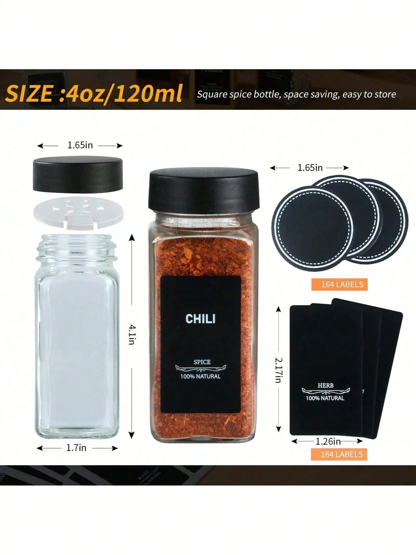 4oz Glass Spice Jars (12PCS): Shaker/Metal Lids + Funnel – Pantry/Cupboard Storage Accessories