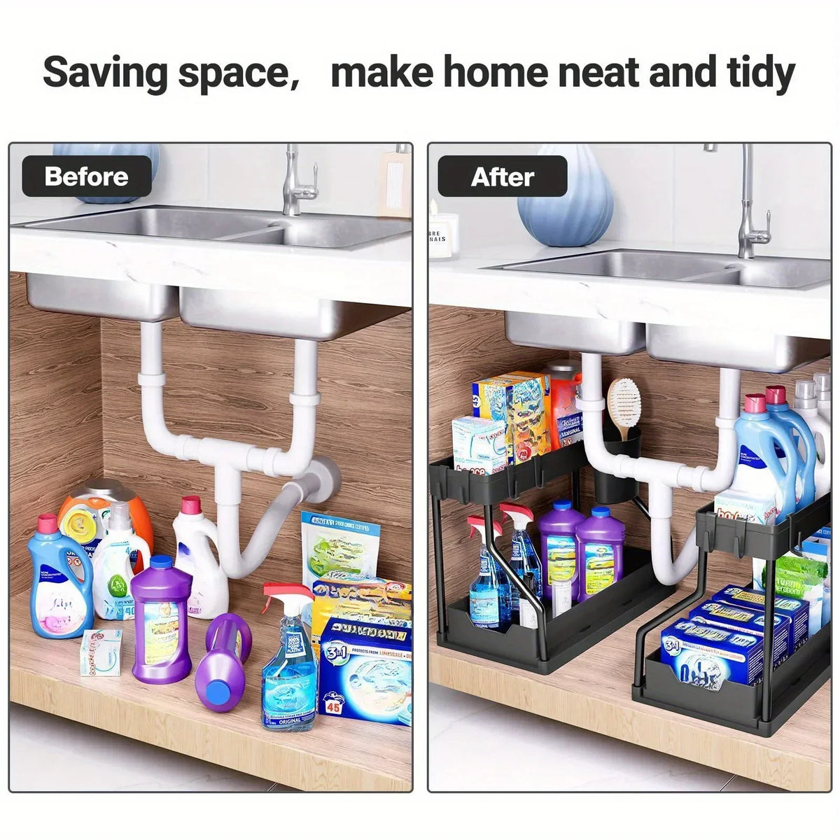 Bathroom & Kitchen Multi-Layer Pull-Out Storage Rack - Clutter Organizer for Sink Area