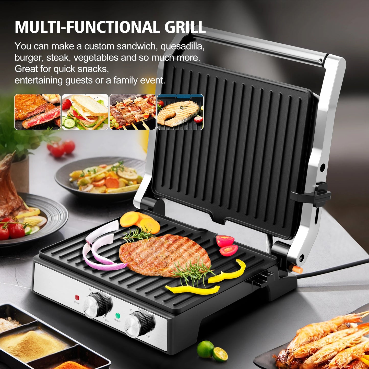 1600W  Panini Press With Timer, Adjustable Temp control