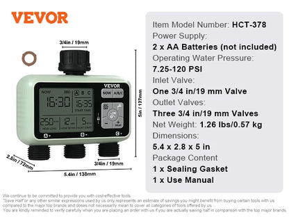 Water Timer 3 Outlets w/ 3 Independent Watering Zone & Rain Delay Mode  Watering Sprinkler Timer