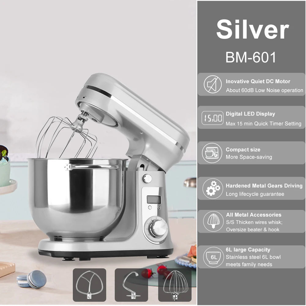 Food Stand Mixer, Blender, Quiet Motor, Cream Egg Whisk, Whip Dough Kneader, 6-Speed,