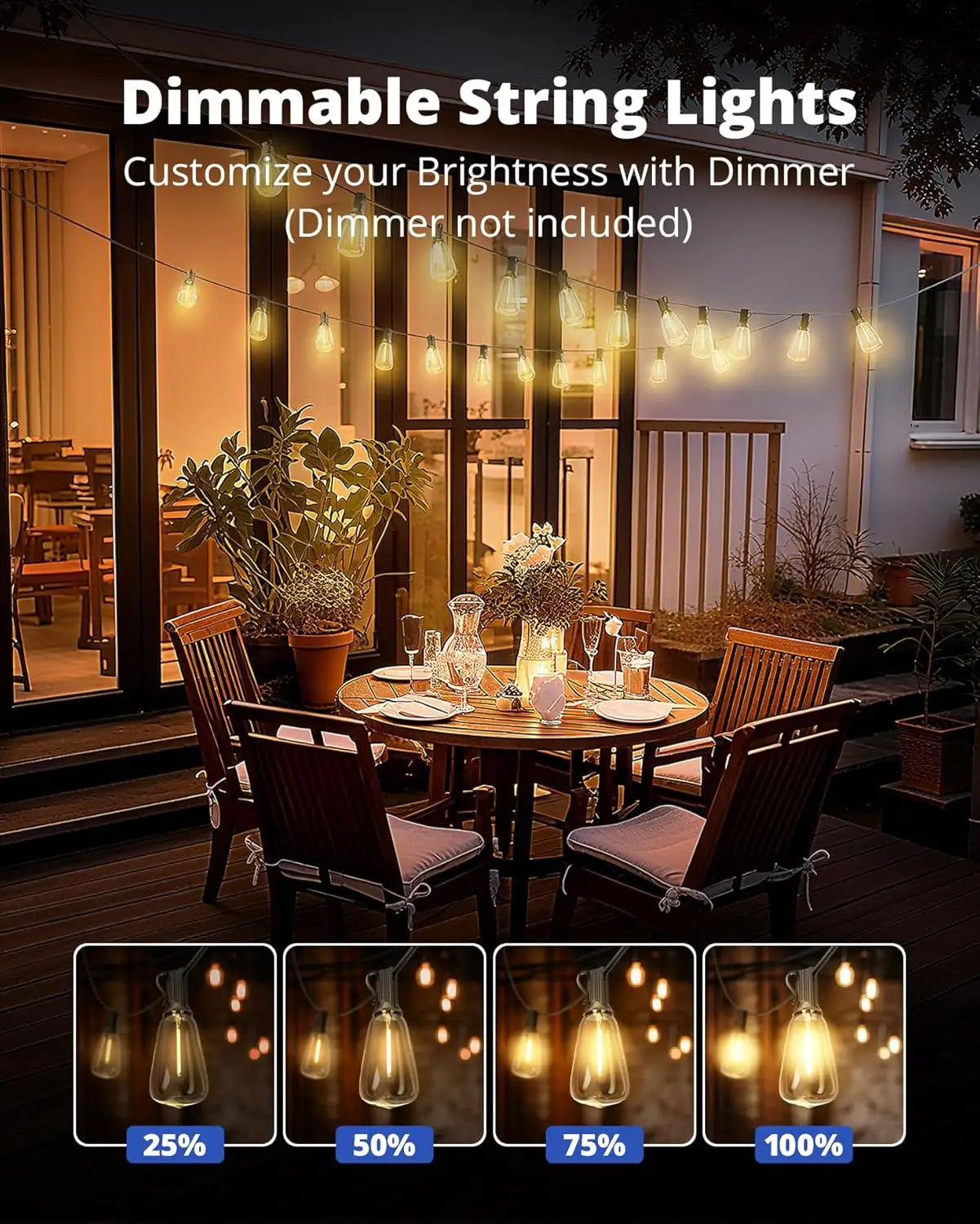 Outdoor String Lights 25FT LED Patio Lights  Waterproof with Shatterproof Edison Bulbs,