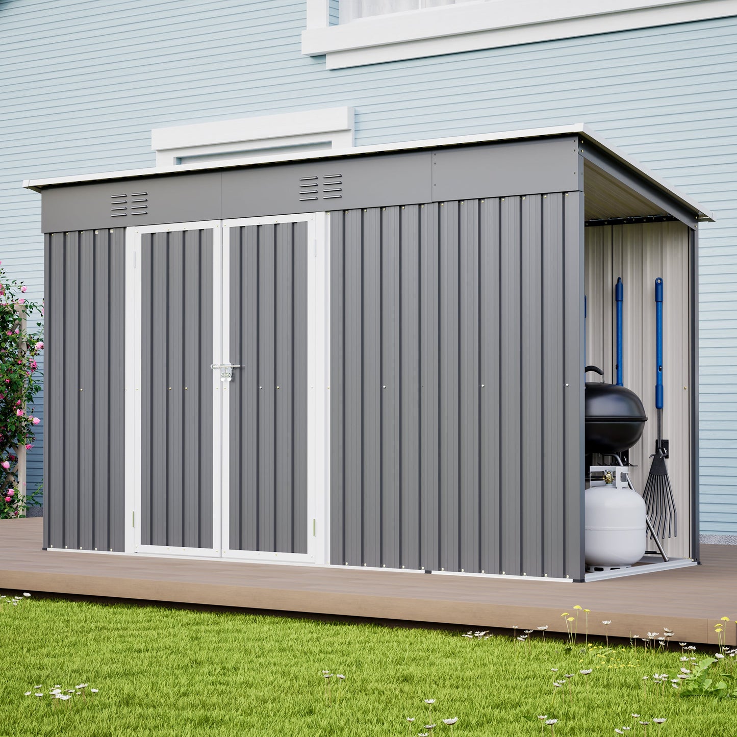 10'x4' Outdoor Metal Storage Shed for Garden Tools Lockable Door With Floor Frame