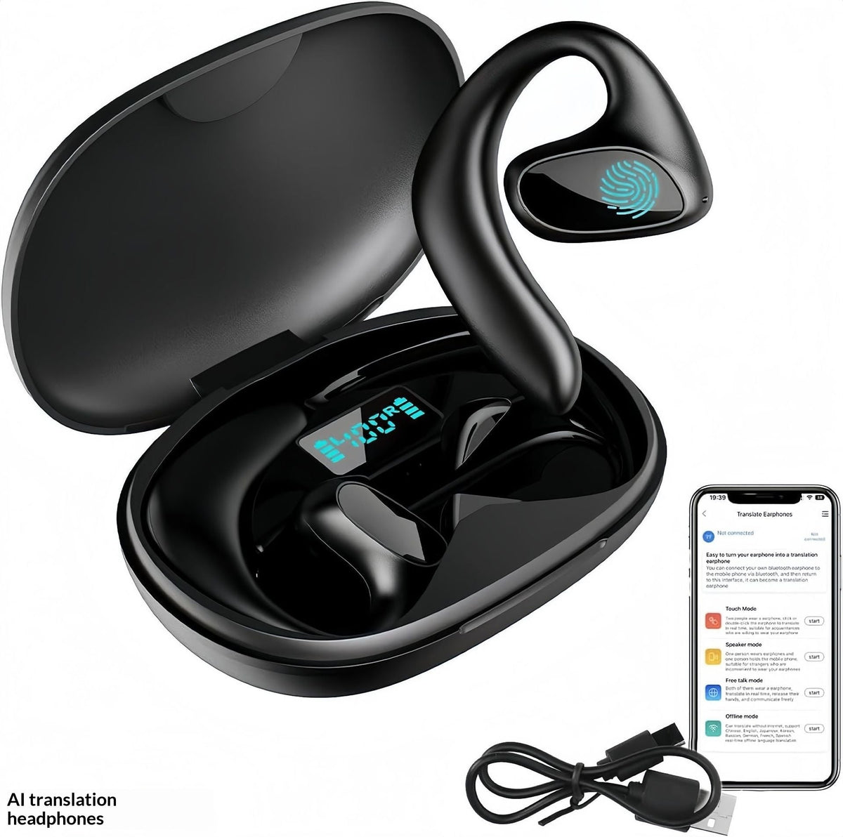 Ear-hook Wireless Translation Headphones - Long Battery Life Open-ear Bluetooth Headset with Real-time Multi-language Interpretation for Sports and Business