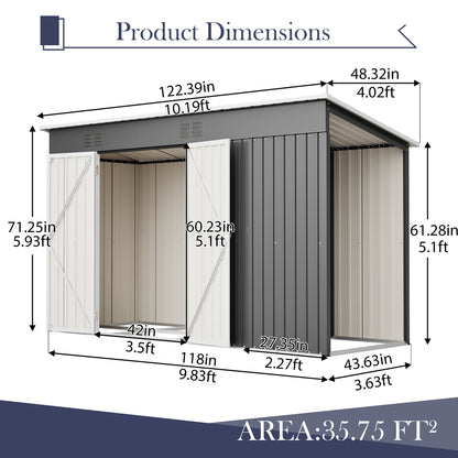 10'x4' Outdoor Metal Storage Shed for Garden Tools Lockable Door With Floor Frame