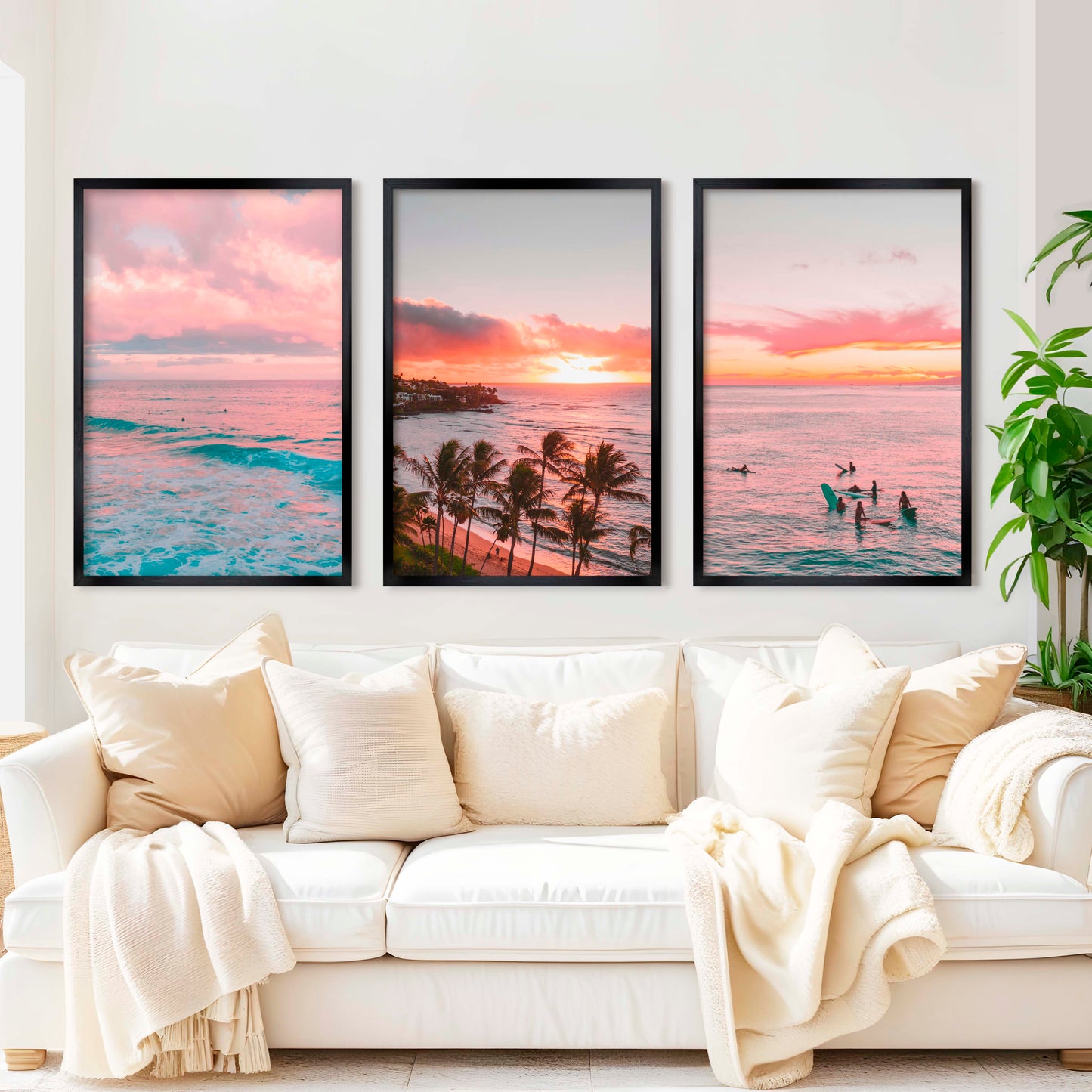 Pink Coastal Wall Art – Tropical Sunset Surf Set (3 Pieces)