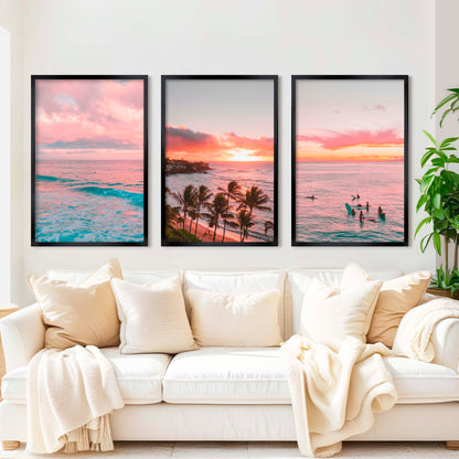 Pink Coastal Wall Art – Tropical Sunset Surf Set (3 Pieces)