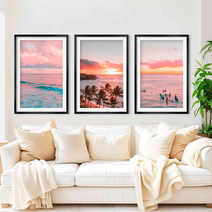 Pink Coastal Wall Art – Tropical Sunset Surf Set (3 Pieces)