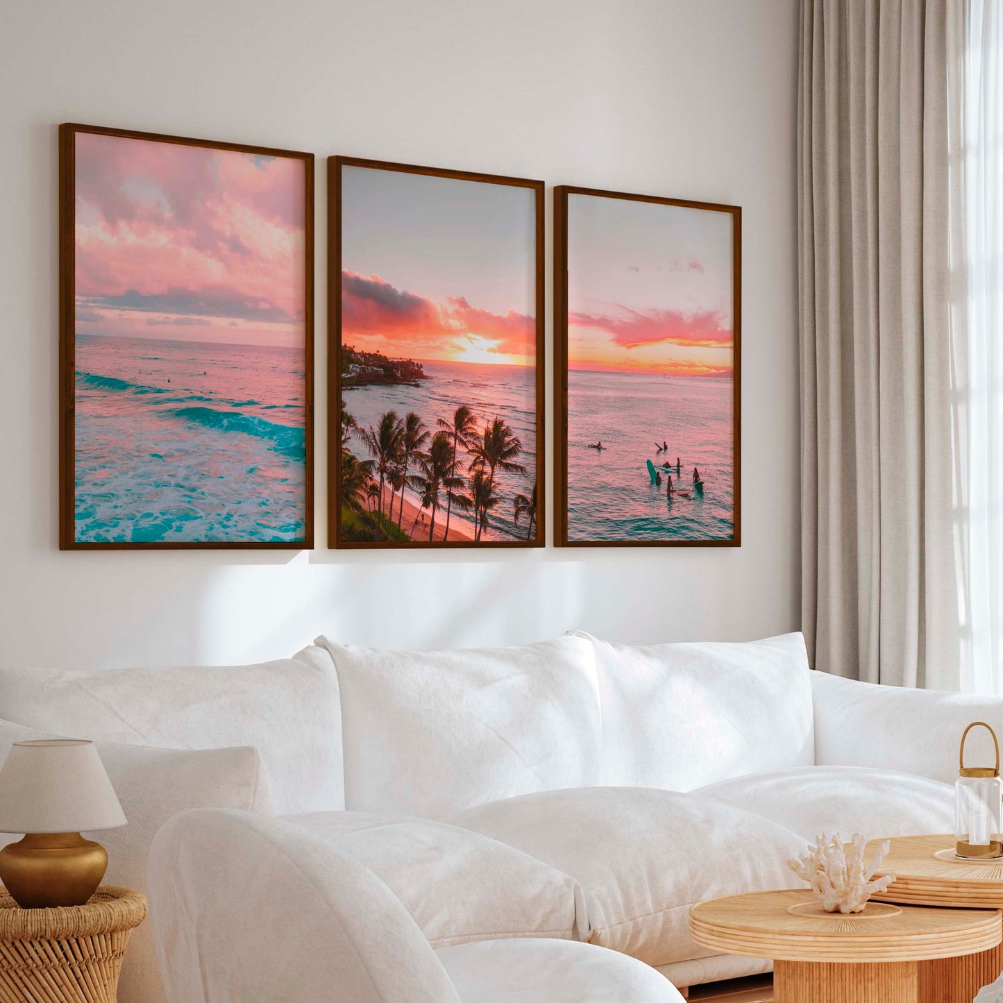 Pink Coastal Wall Art – Tropical Sunset Surf Set (3 Pieces)