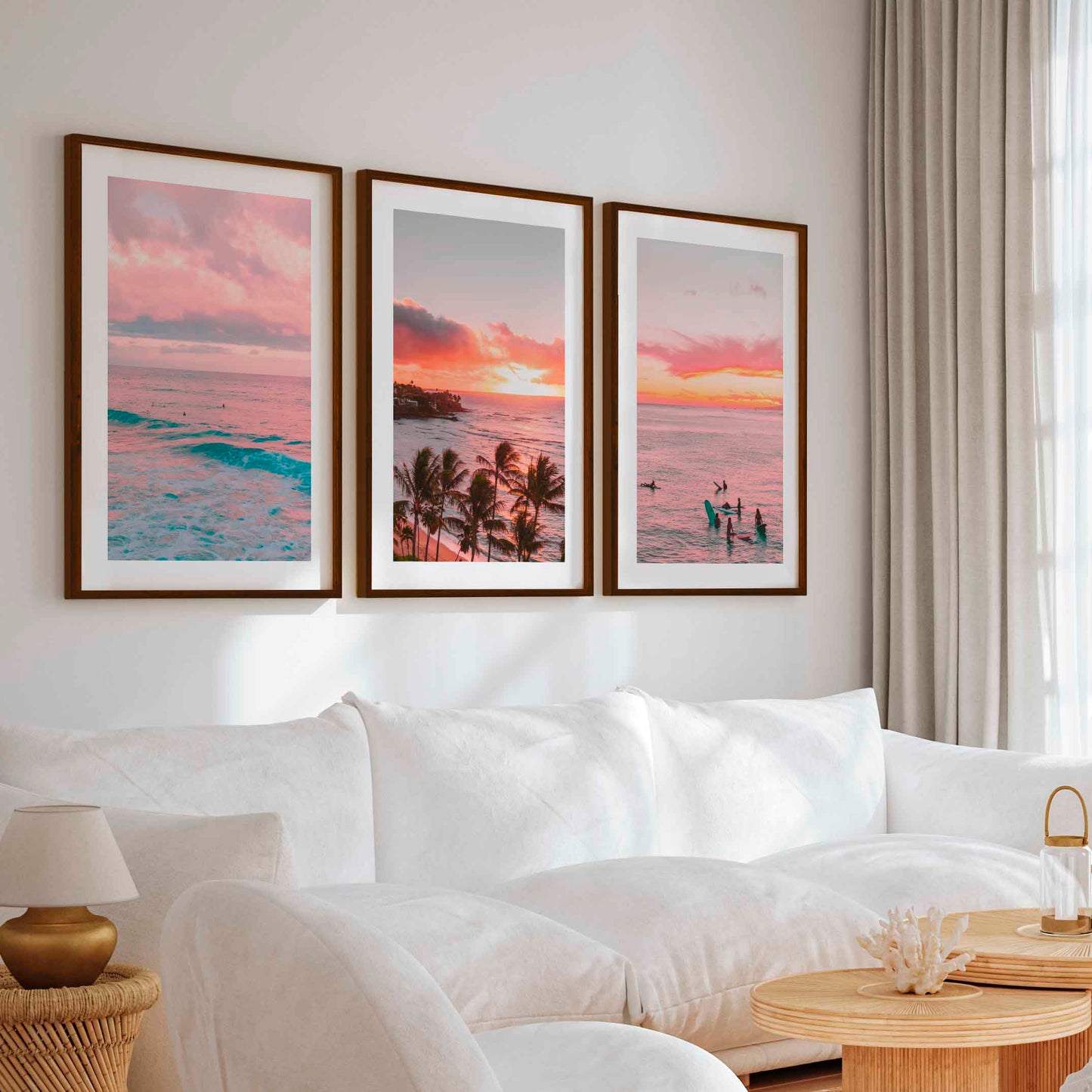 Pink Coastal Wall Art – Tropical Sunset Surf Set (3 Pieces)