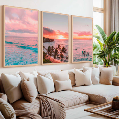 Pink Coastal Wall Art – Tropical Sunset Surf Set (3 Pieces)