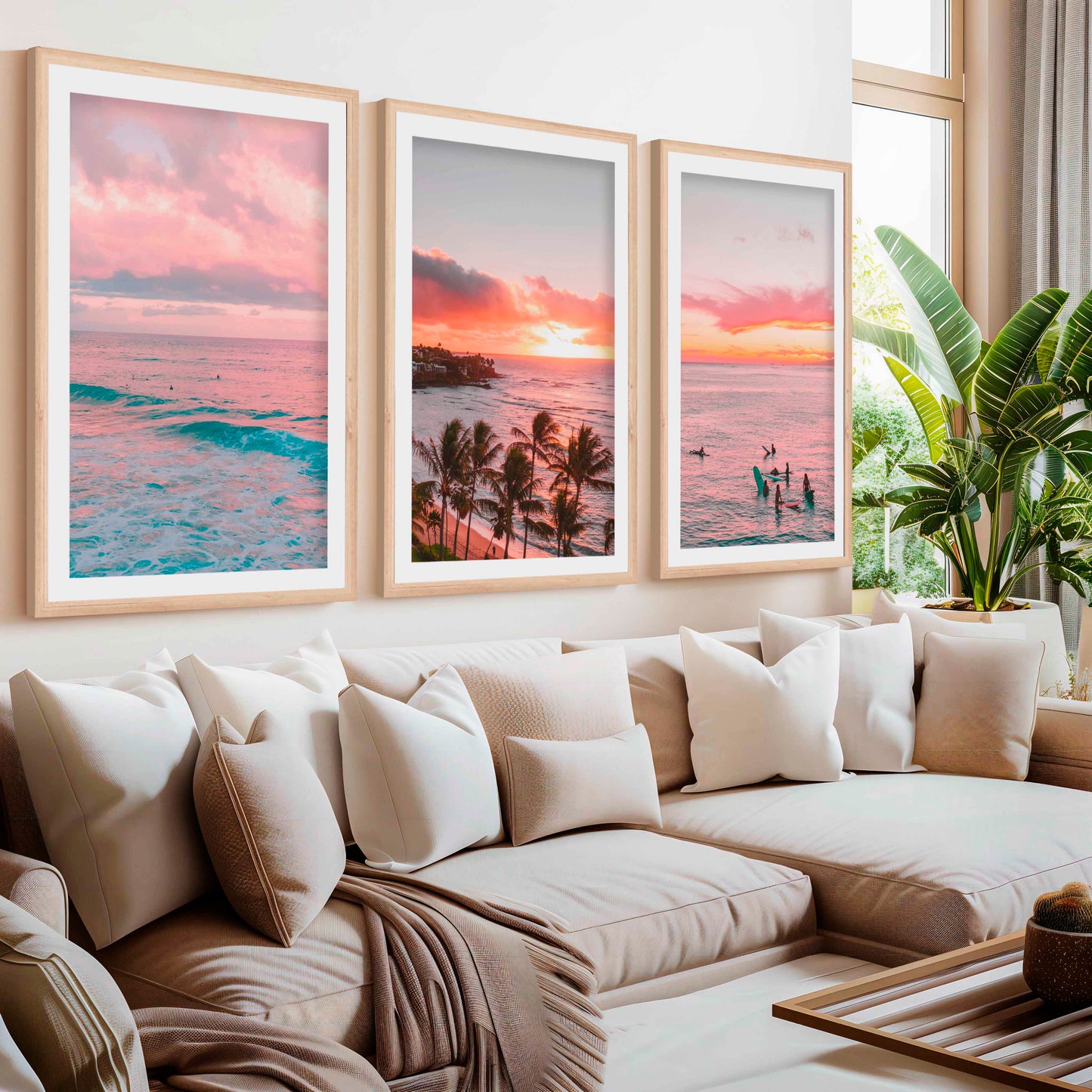 Pink Coastal Wall Art – Tropical Sunset Surf Set (3 Pieces)