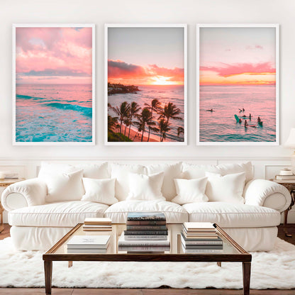 Pink Coastal Wall Art – Tropical Sunset Surf Set (3 Pieces)