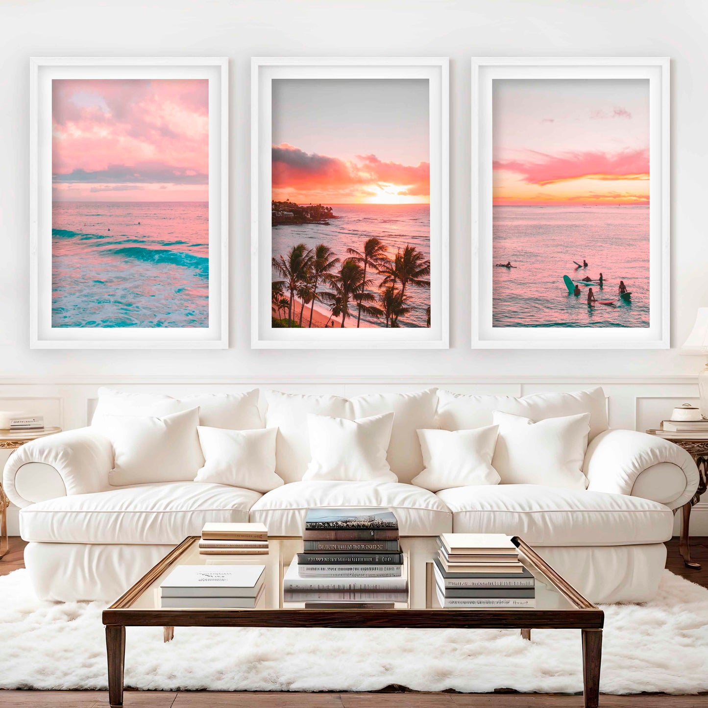 Pink Coastal Wall Art – Tropical Sunset Surf Set (3 Pieces)
