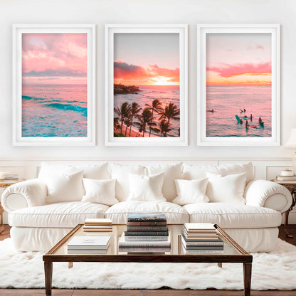 Pink Coastal Wall Art – Tropical Sunset Surf Set (3 Pieces)