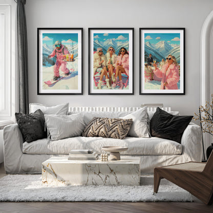 Vintage Ski Prints Pink Apres Ski Wall Art Set of 3