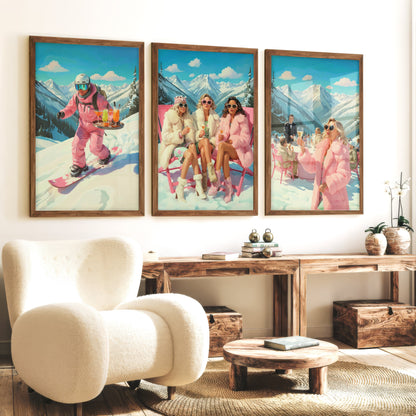 Vintage Ski Prints Pink Apres Ski Wall Art Set of 3