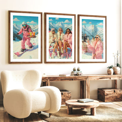 Vintage Ski Prints Pink Apres Ski Wall Art Set of 3
