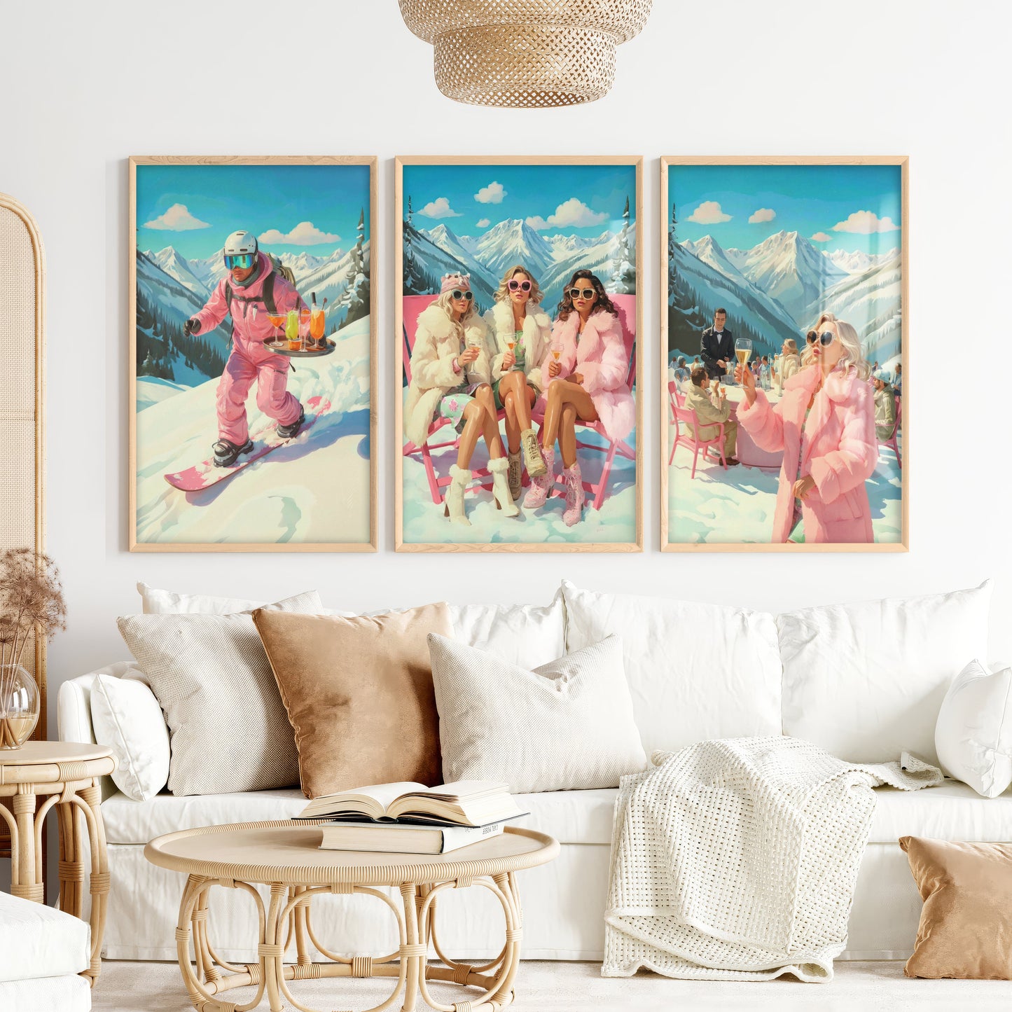 Vintage Ski Prints Pink Apres Ski Wall Art Set of 3